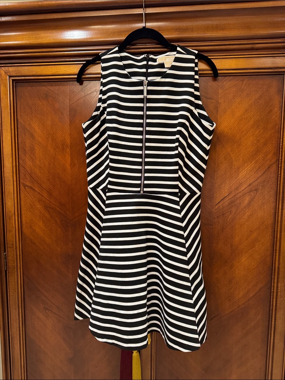 MICHAEL Michael Kors Black and White Striped Fit-and-Flare Dress